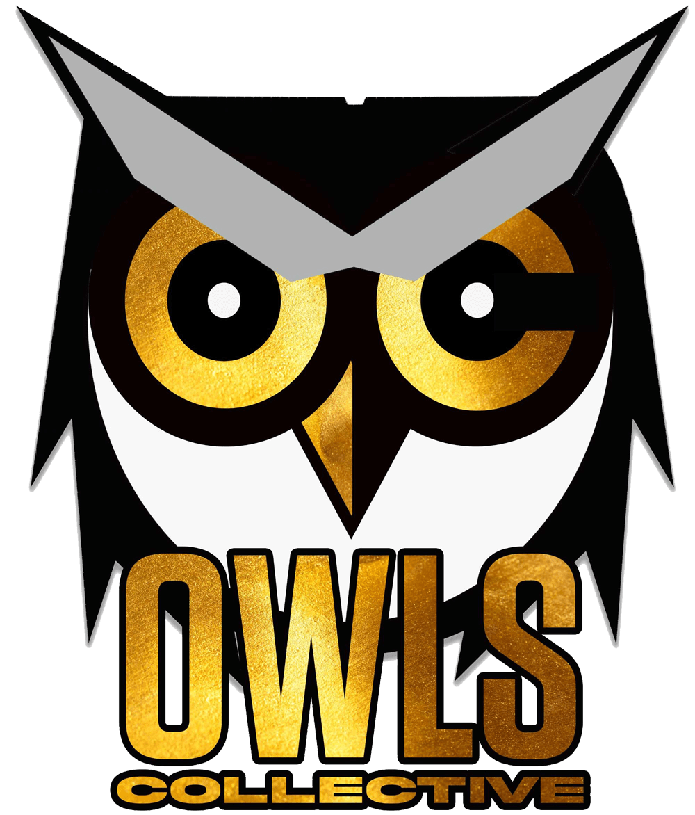 A gold and black owl with the word owls underneath it.