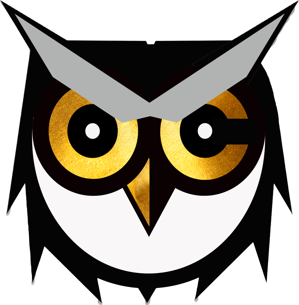 A black and white owl with gold eyes.